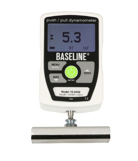 Picture of Baseline 250 lb./112.5 kg push-pull electronic dynamometer w/3 pads, 1 hook, and case