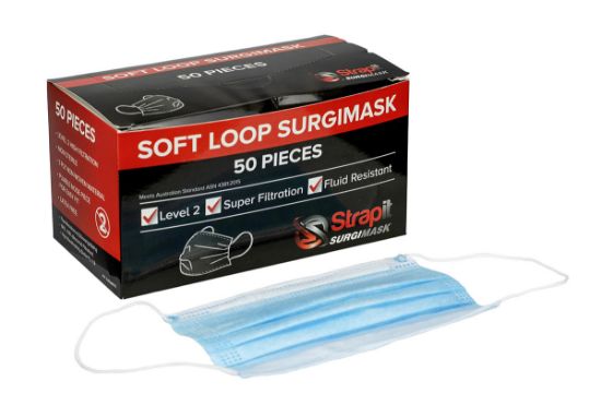 Picture of Strapit Surgimask face masks, 3 ply disposable with ear loops, ASTM Level 2, box of 50