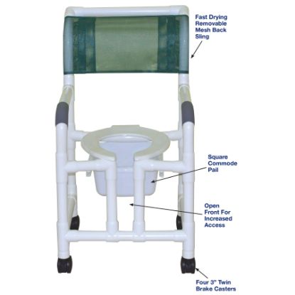Picture of MJM Superior shower chair with twin casters, open front, and square pail