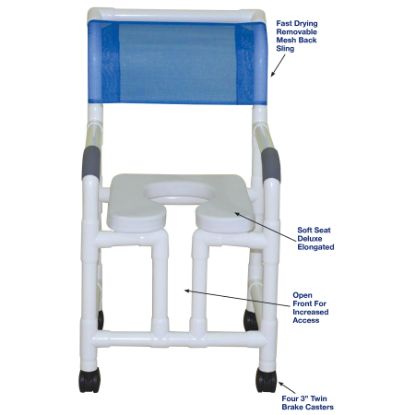 Picture of MJM Superior shower chair with twin casters, open front, and deluxe elongated seat