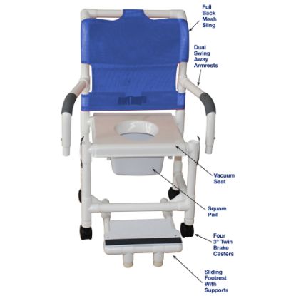 Picture of MJM Superior Standard Shower chair, vaccuum seat, sliding footrest, dual swingaway arms and square pail