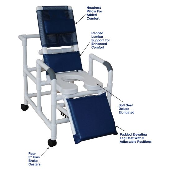 Picture of MJM reclining shower chair with soft seat deluxe elongated open front, elevated leg extension, 325# cap