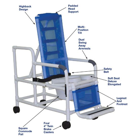 Picture of MJM Tilt shower chair with open front soft seat, buckle safety belt, dual swingaway armrests, footrest and slide out commode pail