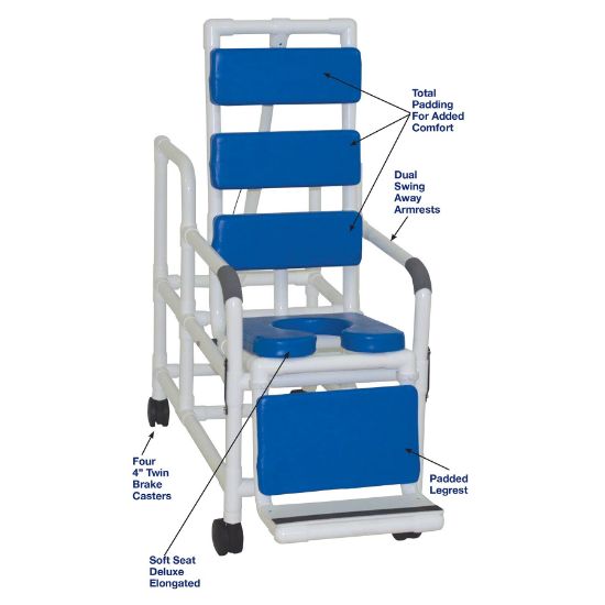 Picture of MJM Tilt shower chair with open front soft seat, total padding blue, buckle safety belt and dual swingaway armrests